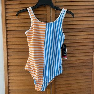 Speedo Girls Blue and Orange Stripe Blocked One Piece Swimsuit Sz 14 NWT